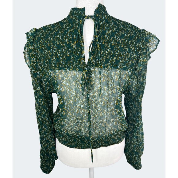 Free People Roma Forest Green Floral Sheer Mock Neck Long Sleeve Blouse Medium - Picture 8 of 15